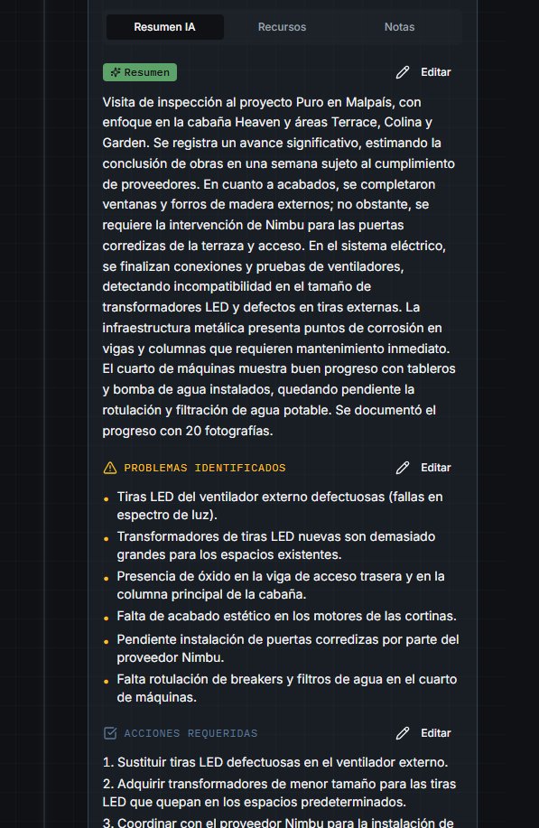 ArchLog AI inspection summary and action items